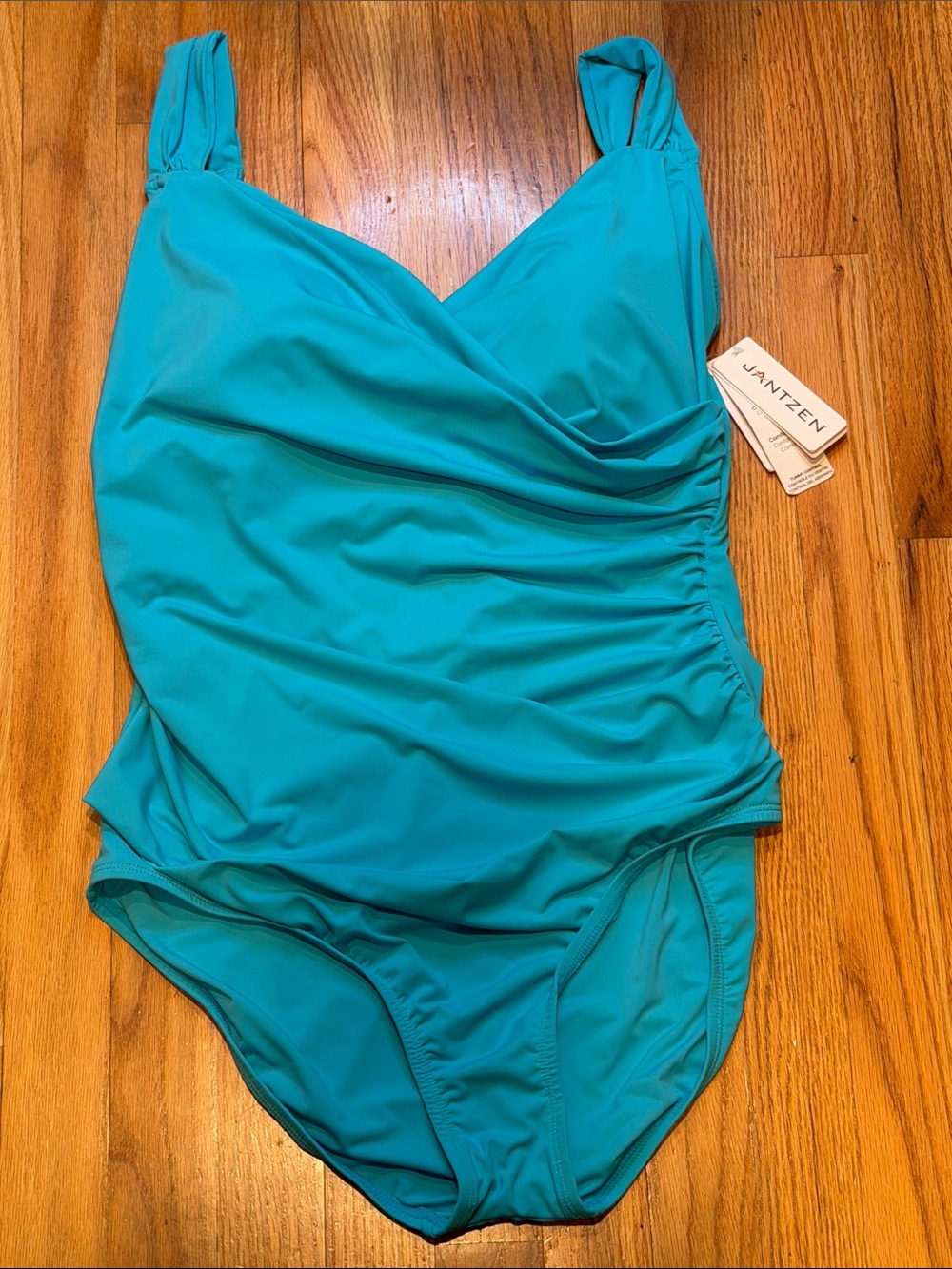 JANTZEN Turquoise Cyan Blue Surplice One-Piece Swimsuit Bathing Suit Womens 14
